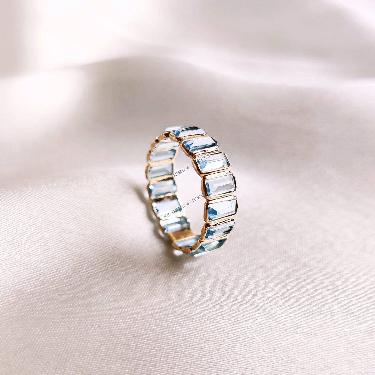 Natural Swiss Blue Topaz 14K Solid Yellow Gold Baguette Infinity Band, December Birthstone
