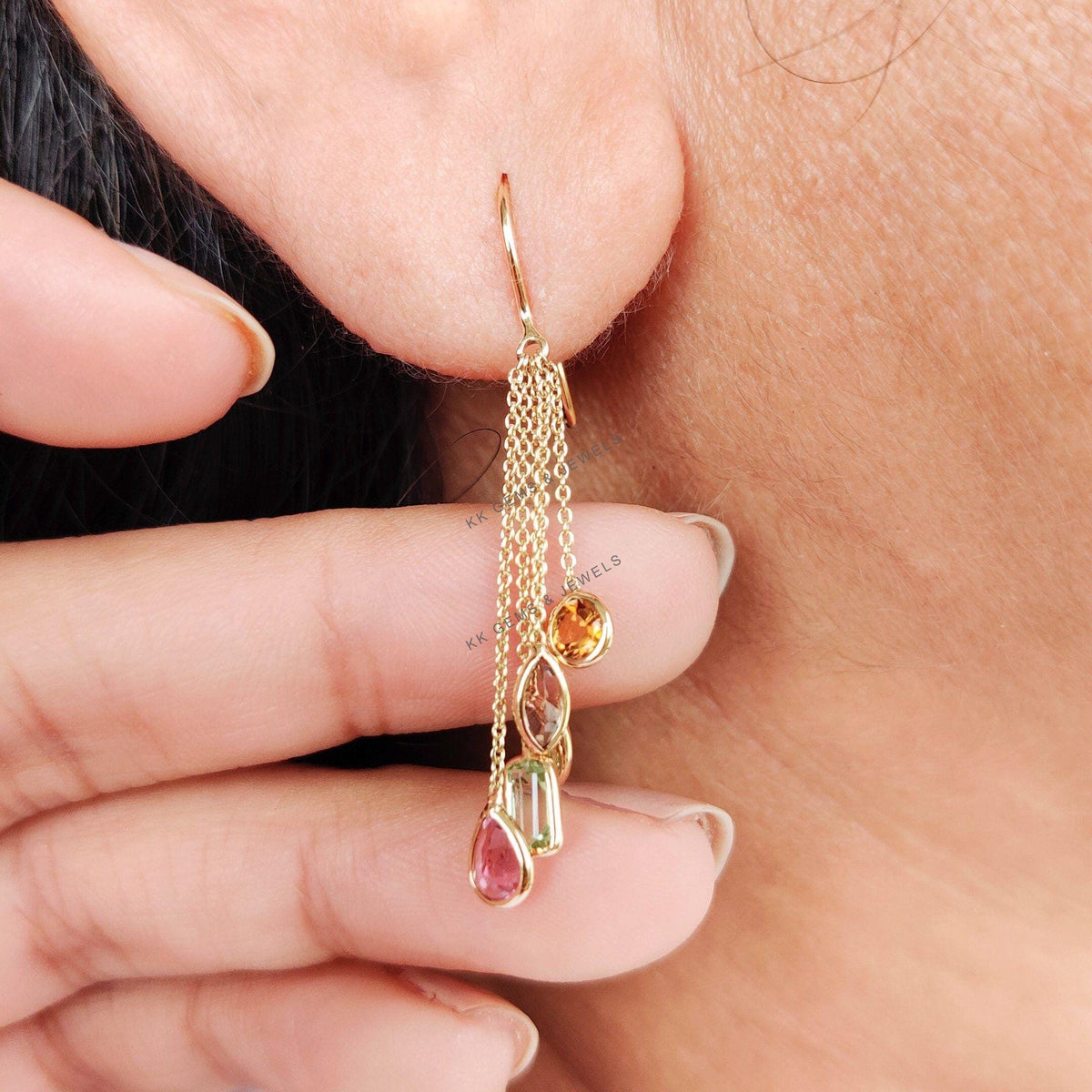 14K Solid Yellow Gold Natural Multi Tourmaline Bezel Danglers, October Birthstone