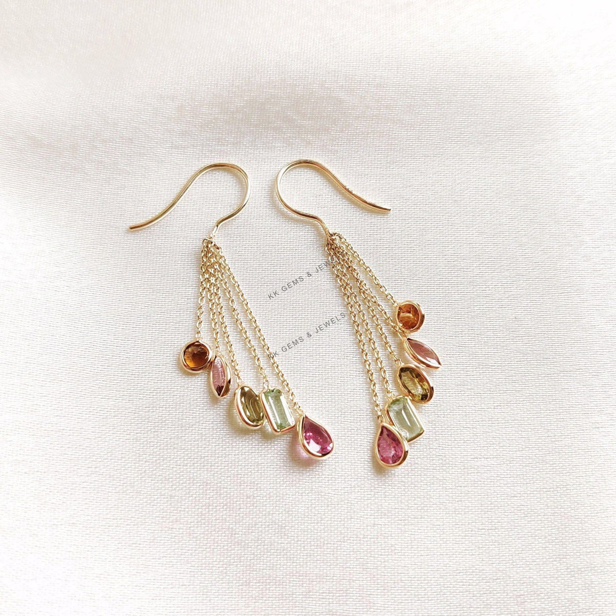 14K Solid Yellow Gold Natural Multi Tourmaline Bezel Danglers, October Birthstone