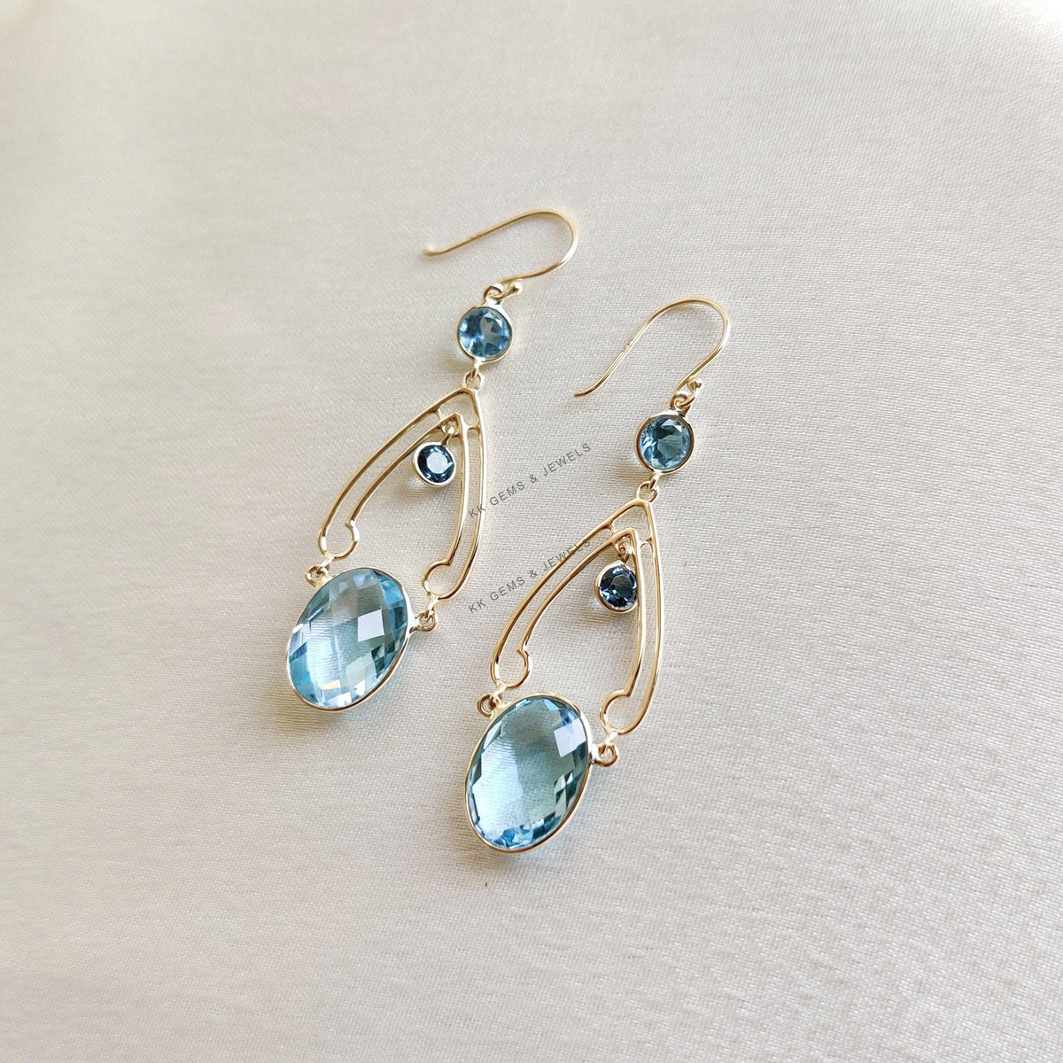 14K Solid Yellow Gold Natural Blue Topaz Dangle Earrings, December Birthstone