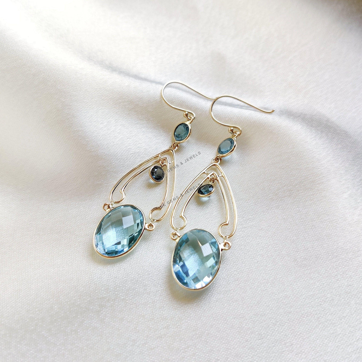 14K Solid Yellow Gold Natural Blue Topaz Dangle Earrings, December Birthstone