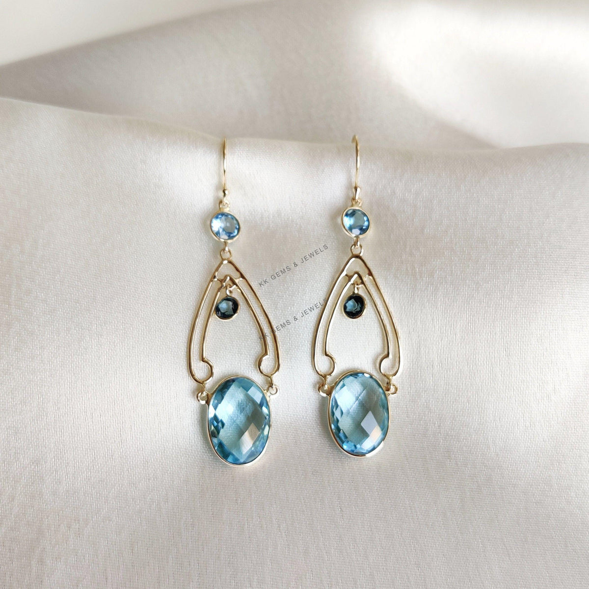 14K Solid Yellow Gold Natural Blue Topaz Dangle Earrings, December Birthstone