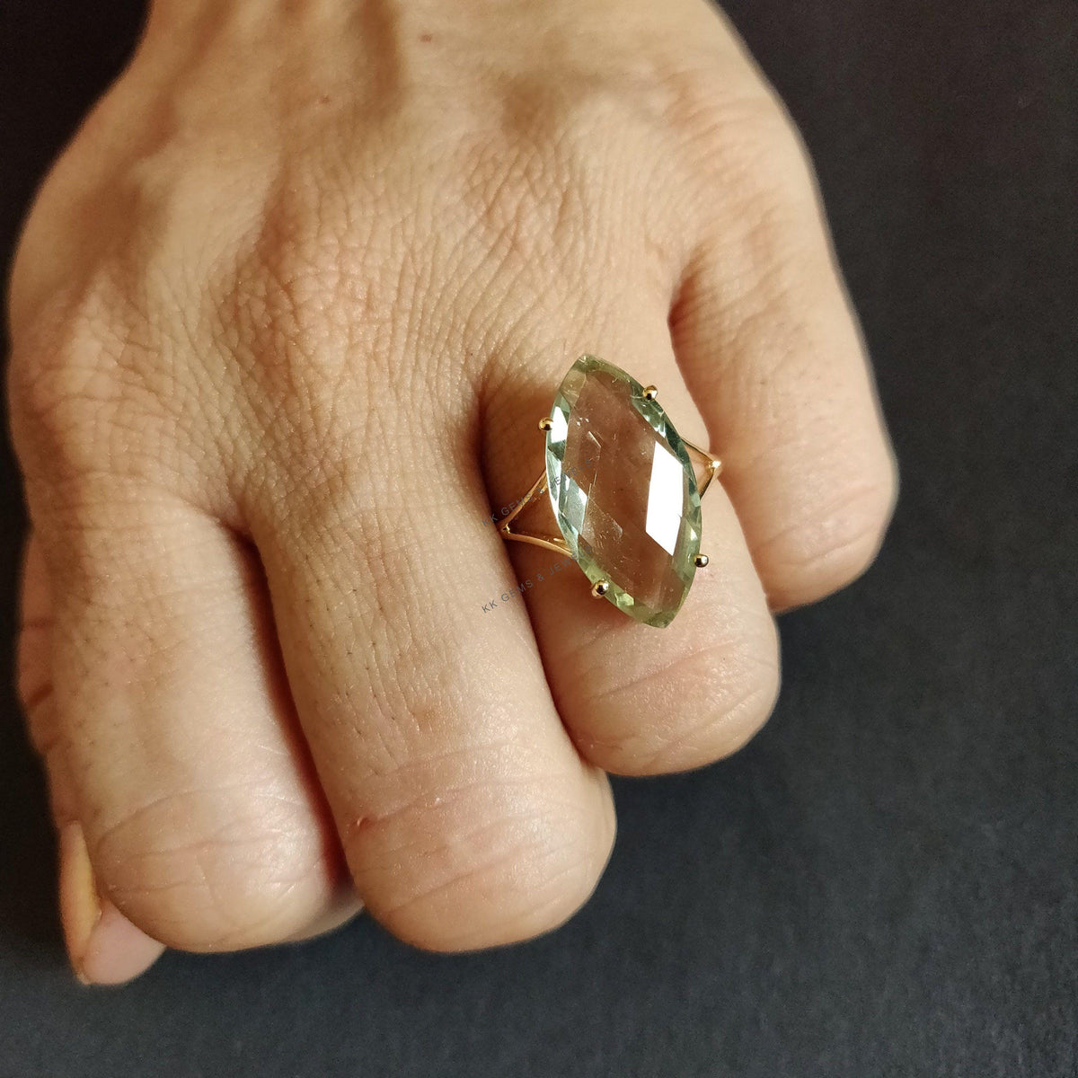 14K Solid Gold Natural Green Amethyst Ring, Marquise Briolette Cut, February Birthstone