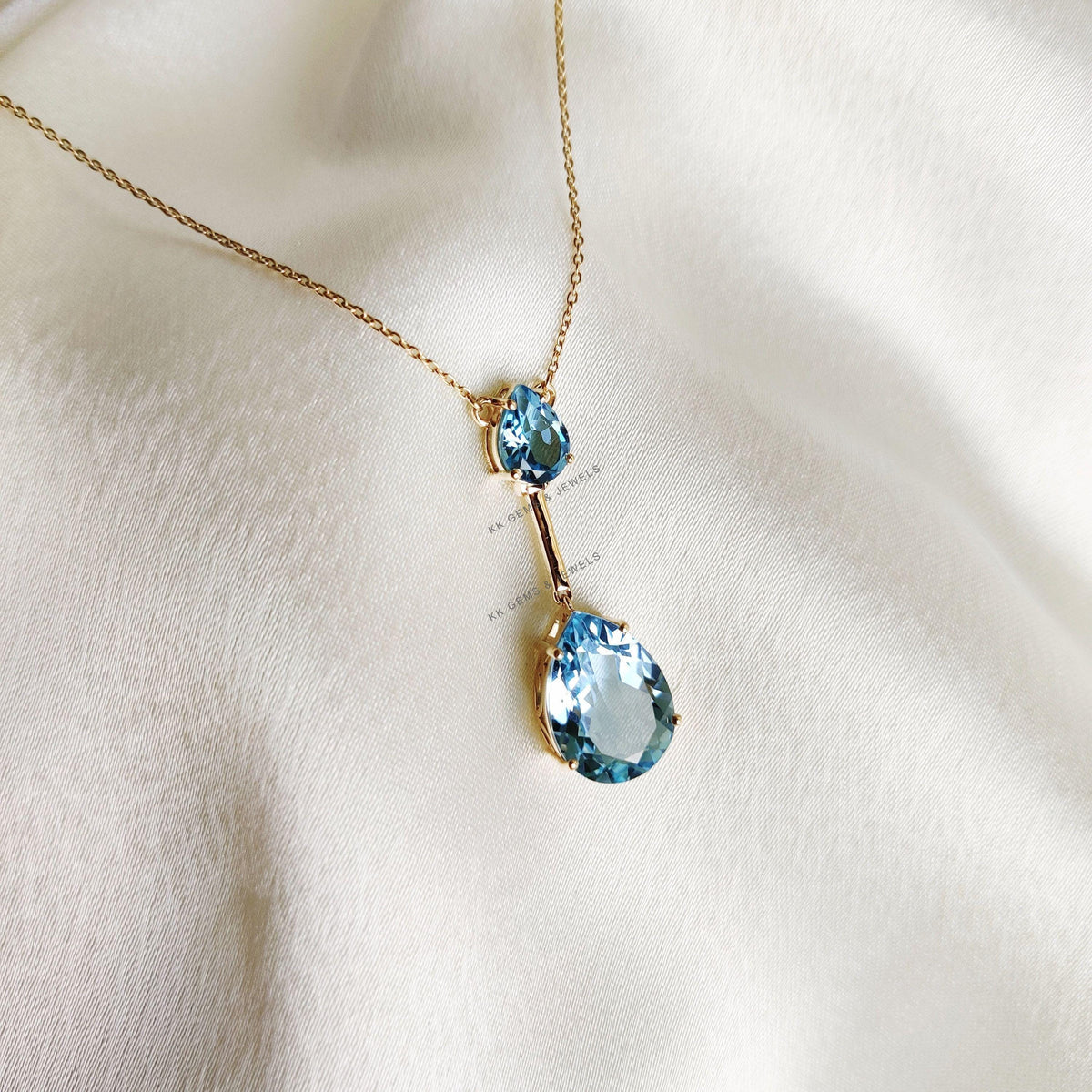 Natural Sky Blue Topaz 14K Solid Yellow Gold Chain Pendant Necklace, December Birthstone, Christmas Present