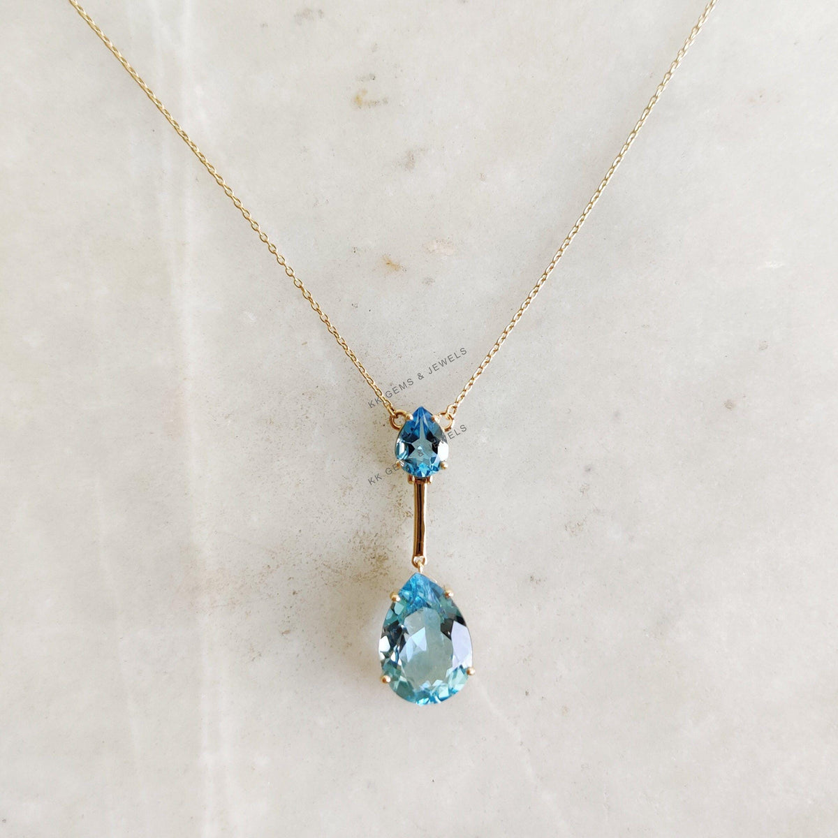 Natural Sky Blue Topaz 14K Solid Yellow Gold Chain Pendant Necklace, December Birthstone, Christmas Present