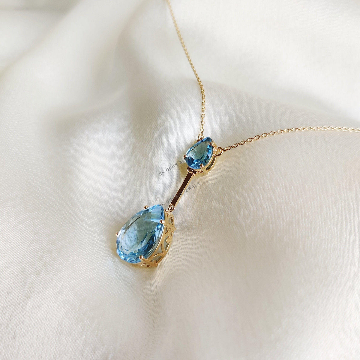 Natural Sky Blue Topaz 14K Solid Yellow Gold Chain Pendant Necklace, December Birthstone, Christmas Present