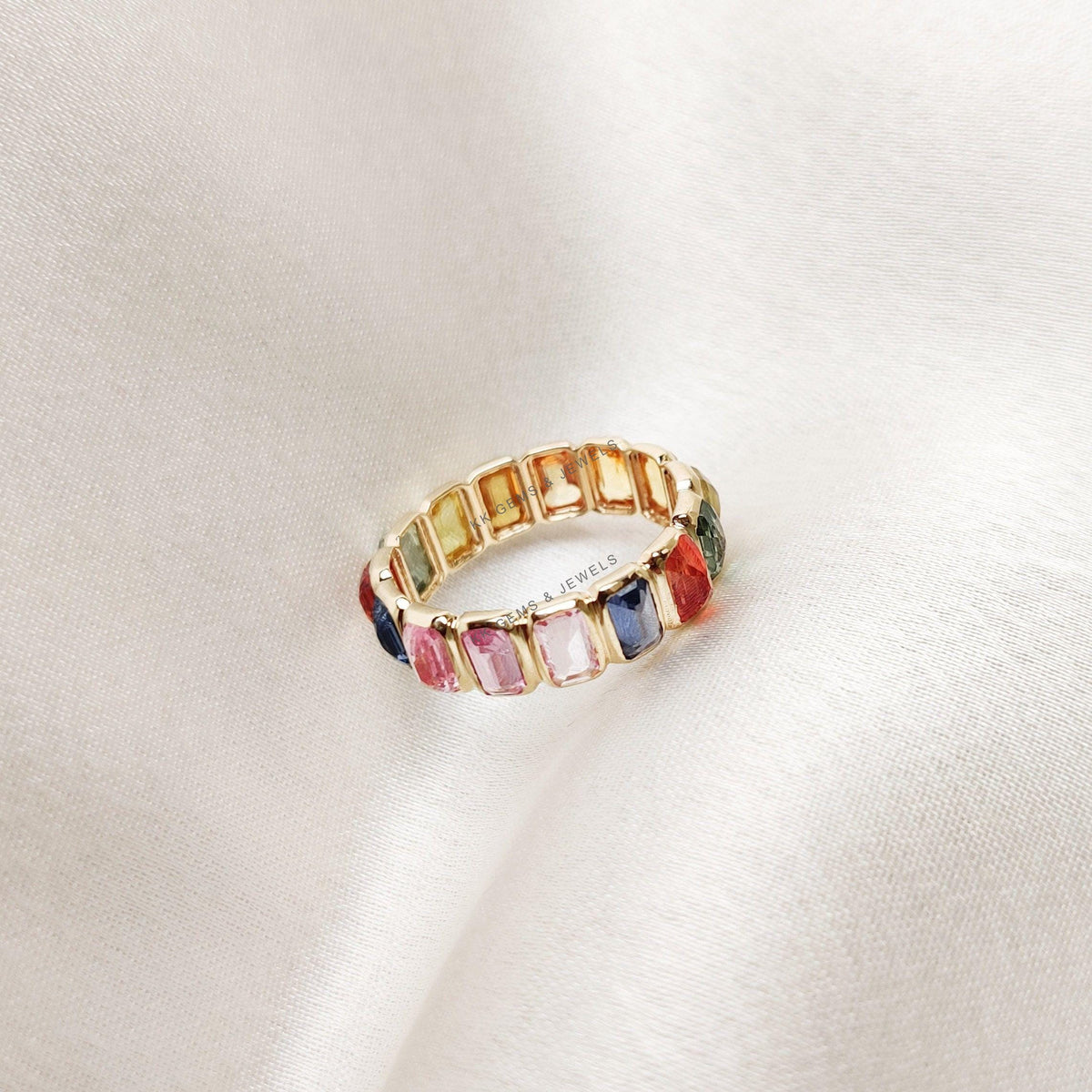 14K Solid Gold Natural Multi Sapphire Ring, Dainty Bezel Eternity Band