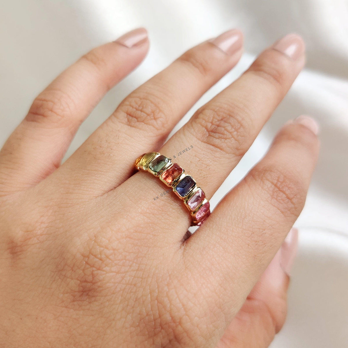 14K Solid Gold Natural Multi Sapphire Ring, Dainty Bezel Eternity Band