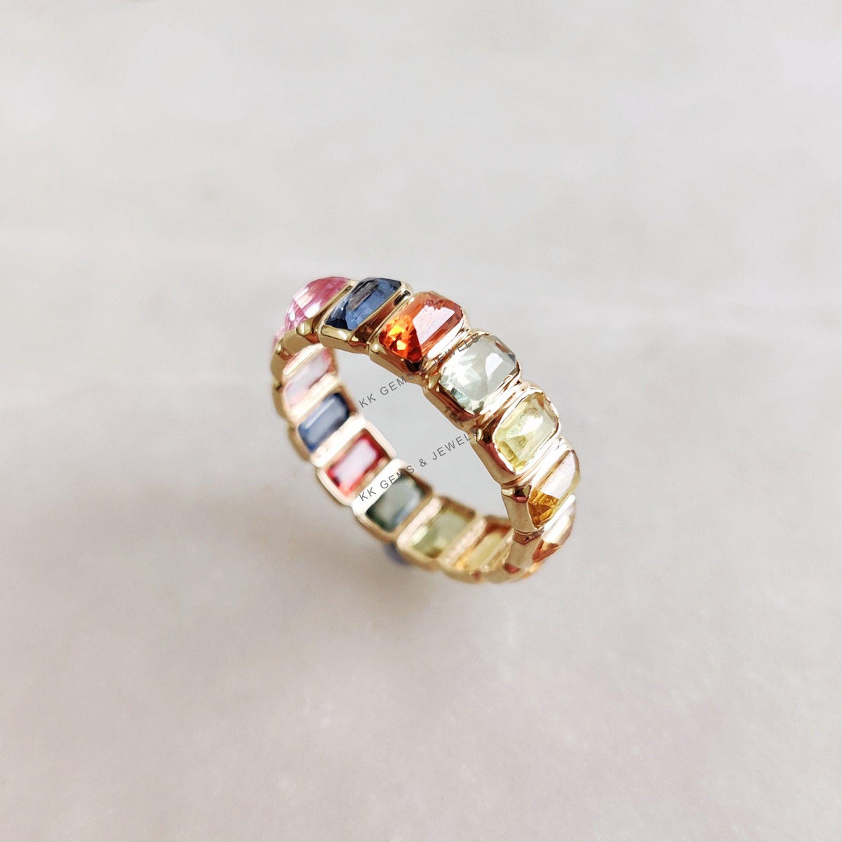 14K Solid Gold Natural Multi Sapphire Ring, Dainty Bezel Eternity Band
