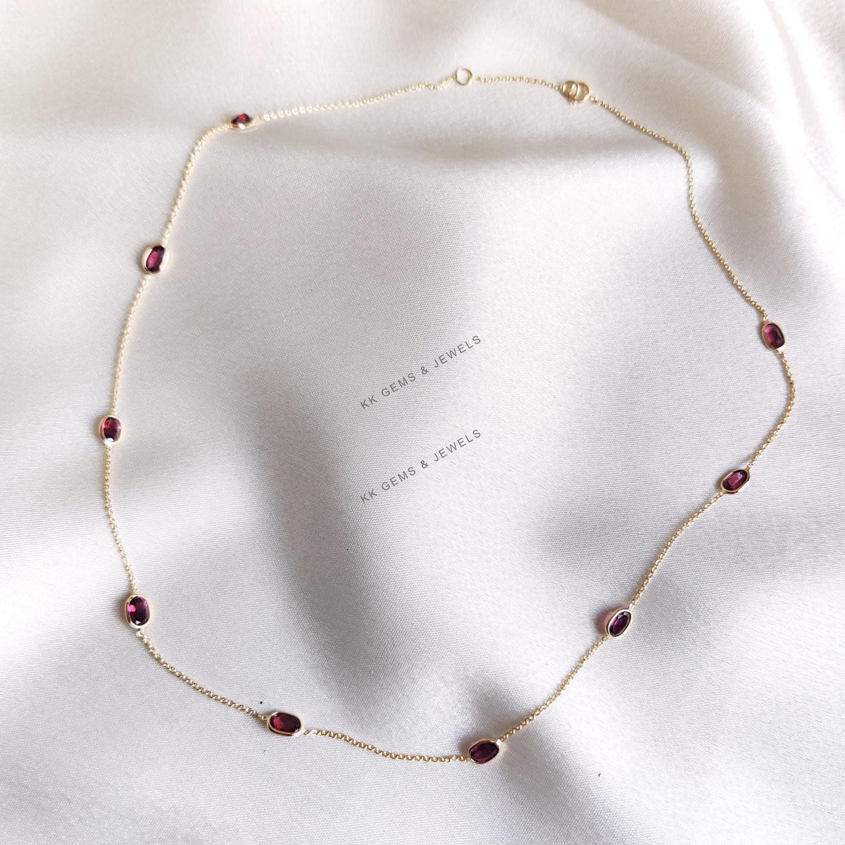 Natural Rhodolite Garnet Necklace, 14K Solid Yellow Gold Bezel Set, January Birthstone