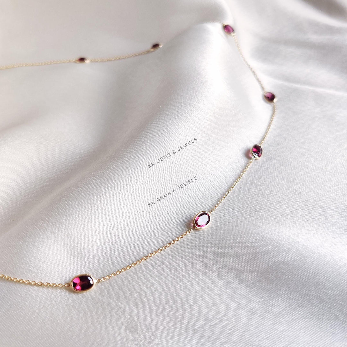 Natural Rhodolite Garnet Necklace, 14K Solid Yellow Gold Bezel Set, January Birthstone