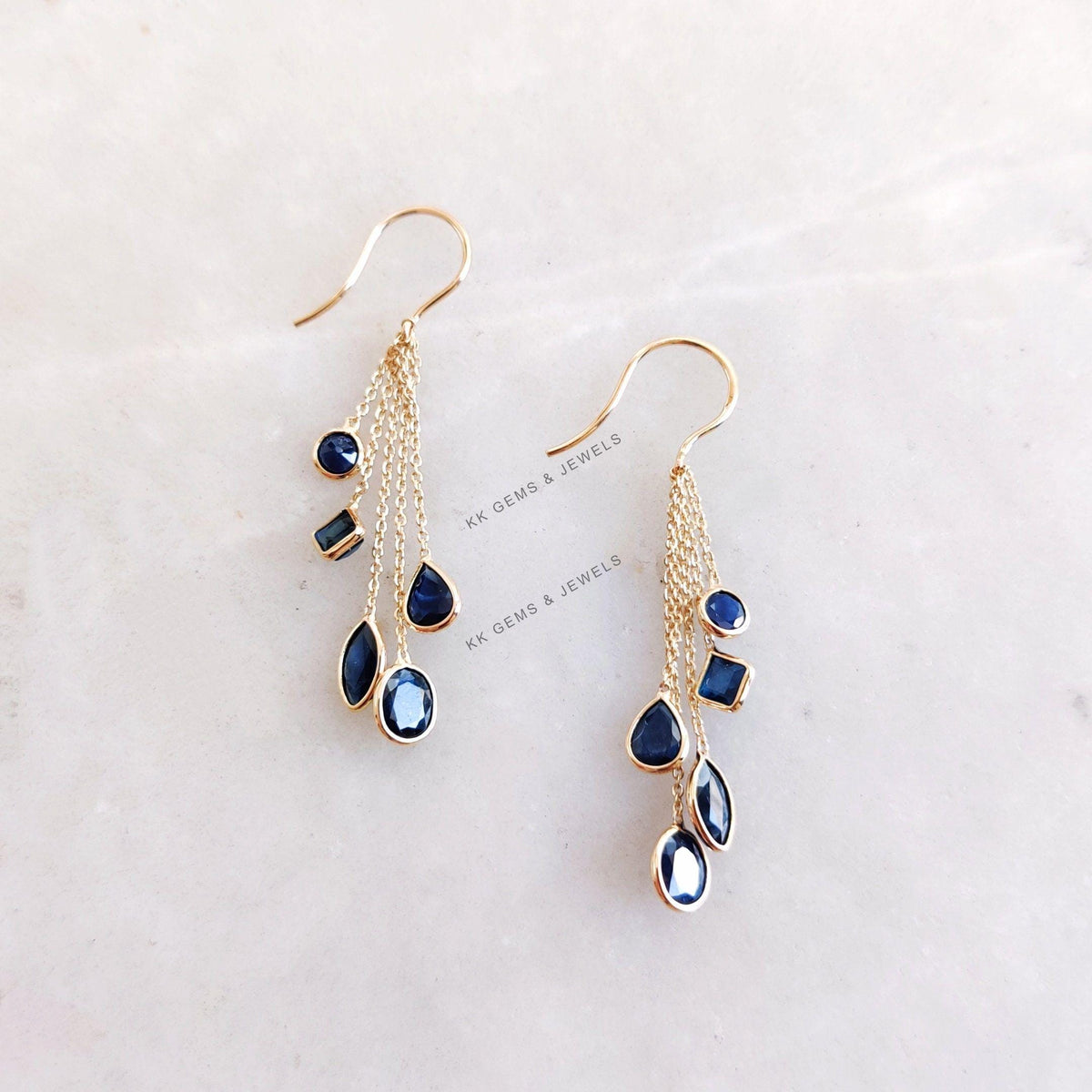 14K Solid Gold Natural Blue Sapphire Dangle Earrings, September Birthstone