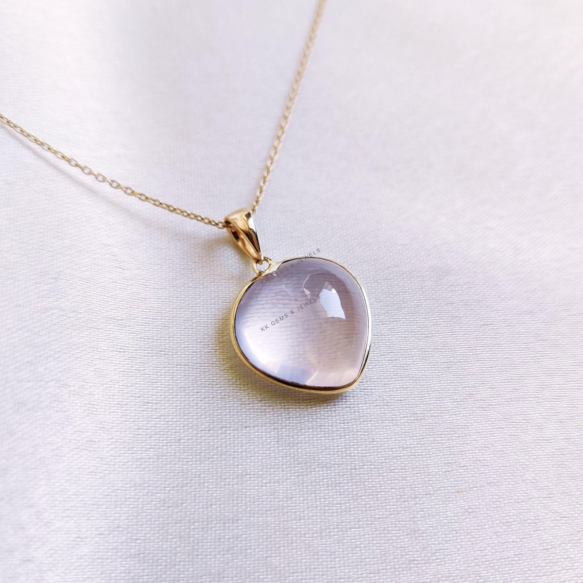 14K Solid Yellow Gold Natural Rose Quartz Heart Pendant, January Birthstone