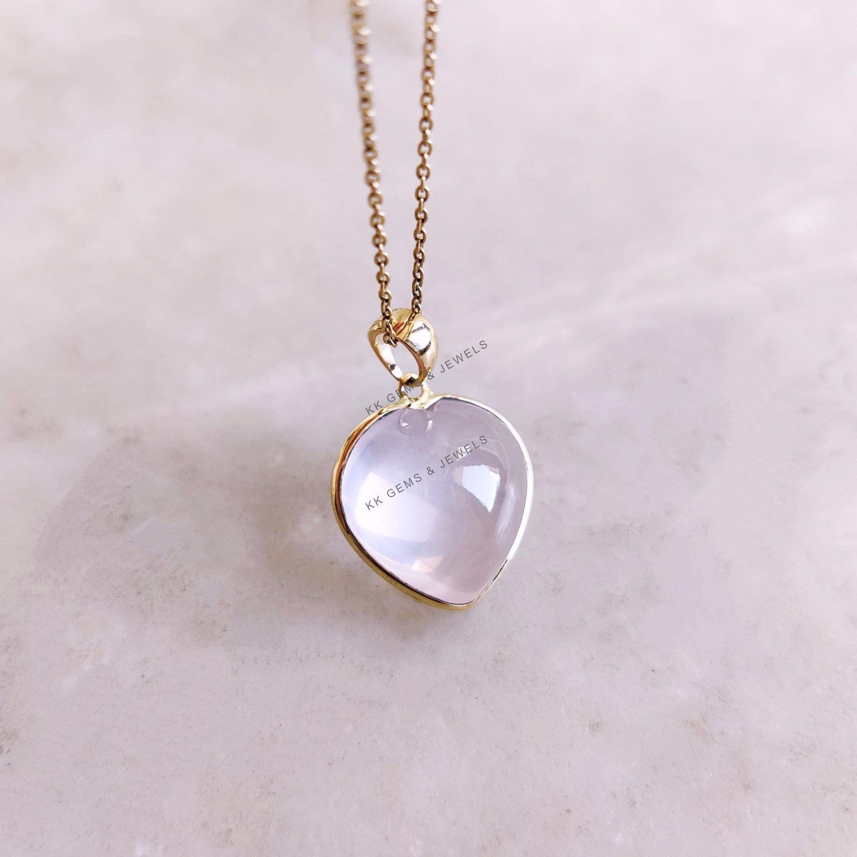14K Solid Yellow Gold Natural Rose Quartz Heart Pendant, January Birthstone