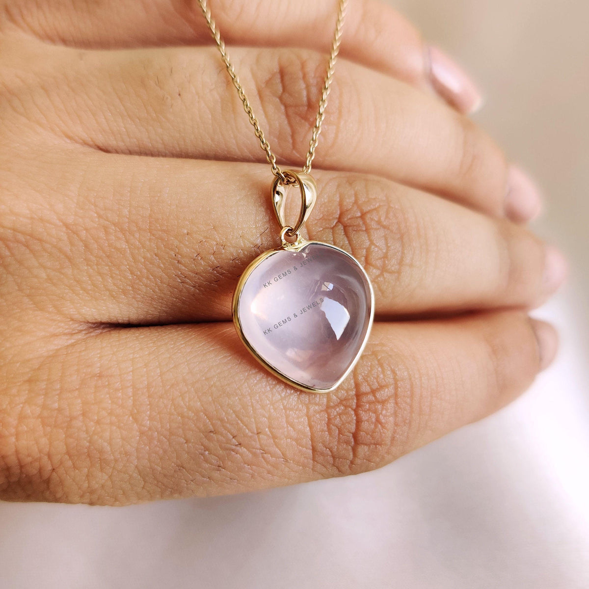 14K Solid Yellow Gold Natural Rose Quartz Heart Pendant, January Birthstone