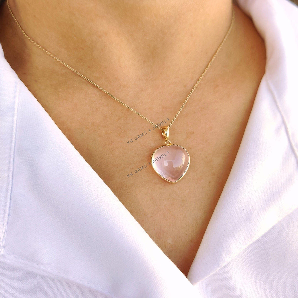 14K Solid Yellow Gold Natural Rose Quartz Heart Pendant, January Birthstone