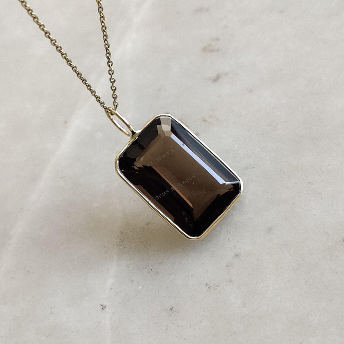 Natural Smoky Quartz 14K Solid Yellow Gold Pendant, Rectangle Octagon