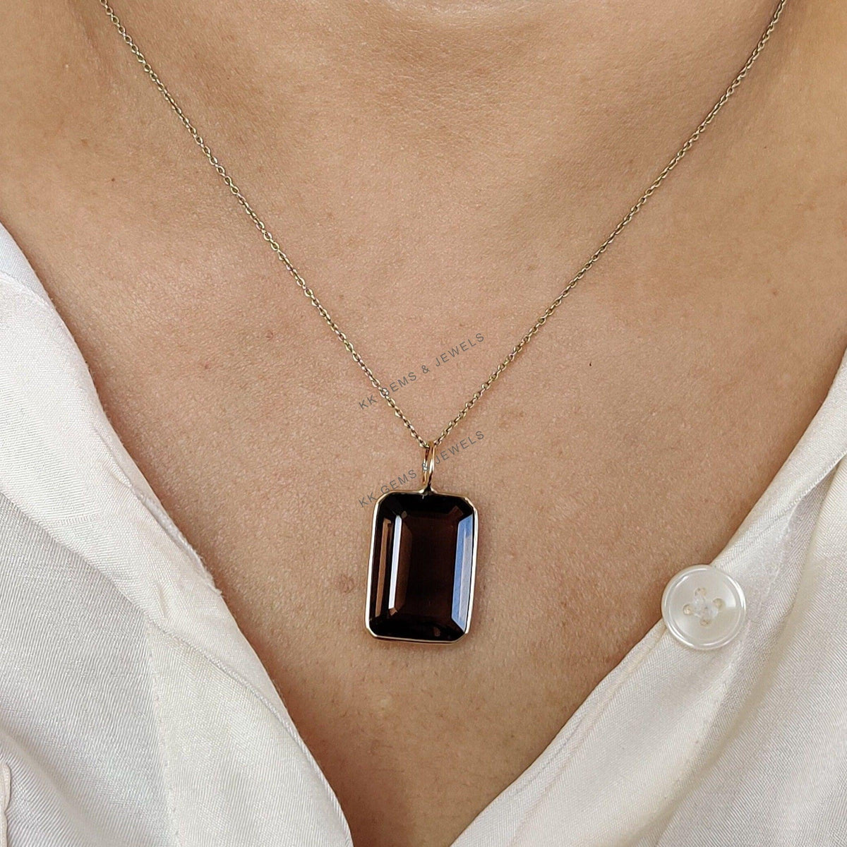 Natural Smoky Quartz 14K Solid Yellow Gold Pendant, Rectangle Octagon
