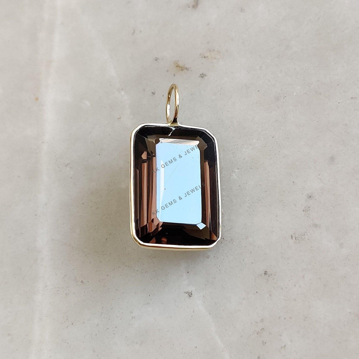 Natural Smoky Quartz 14K Solid Yellow Gold Pendant, Rectangle Octagon