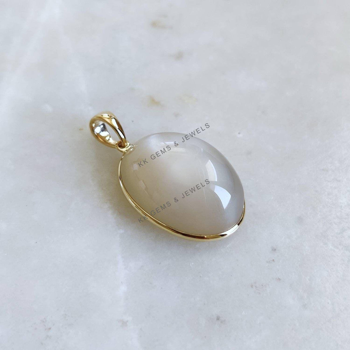 Oval Natural White Moonstone Pendant, 14K Solid Yellow Gold, June Birthstone
