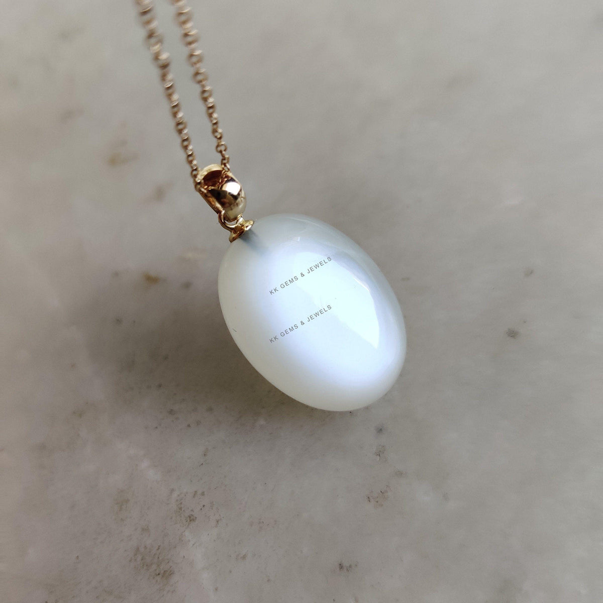 14K Solid Yellow Gold Natural White Moonstone Pendant, June Birthstone, Christmas Present