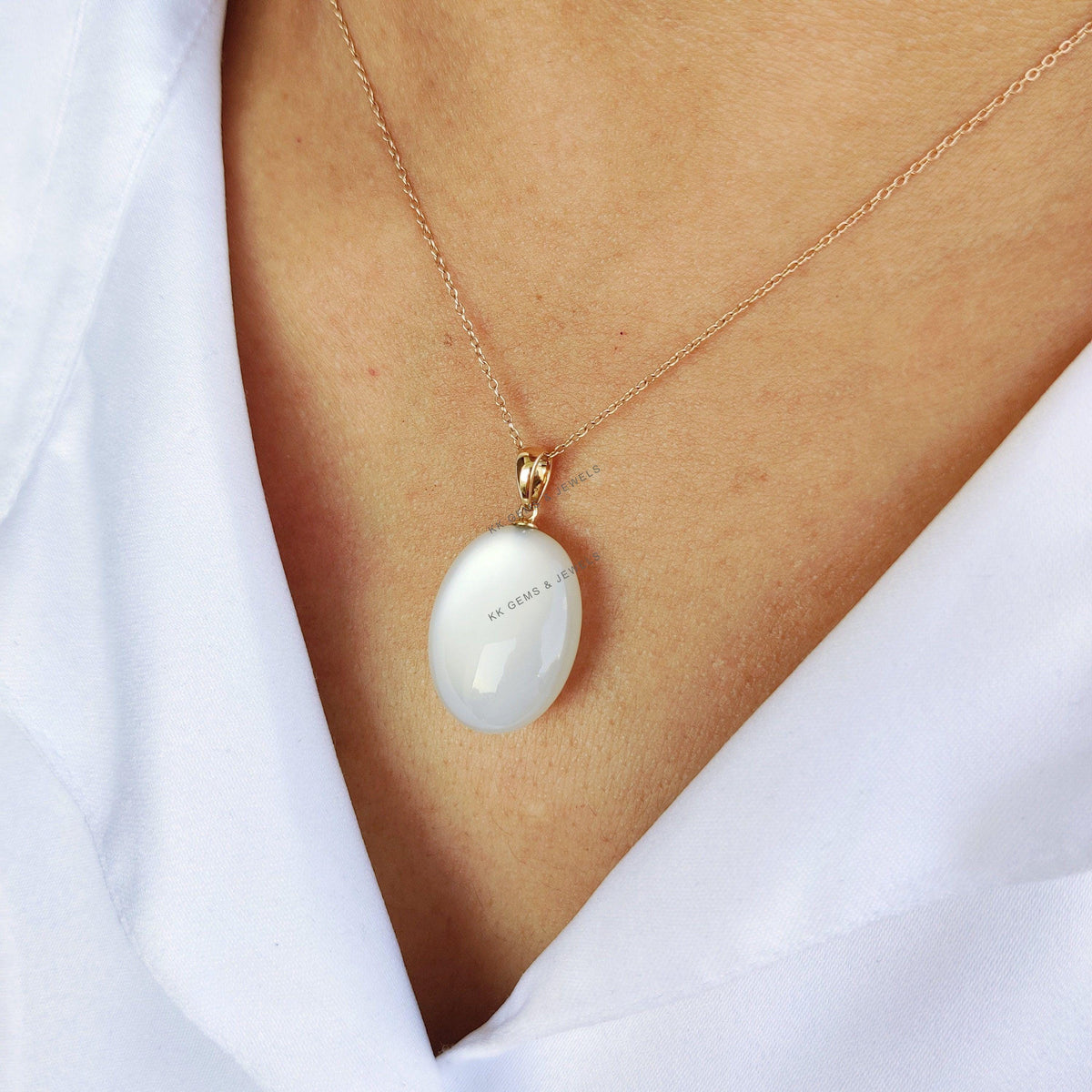 14K Solid Yellow Gold Natural White Moonstone Pendant, June Birthstone, Christmas Present