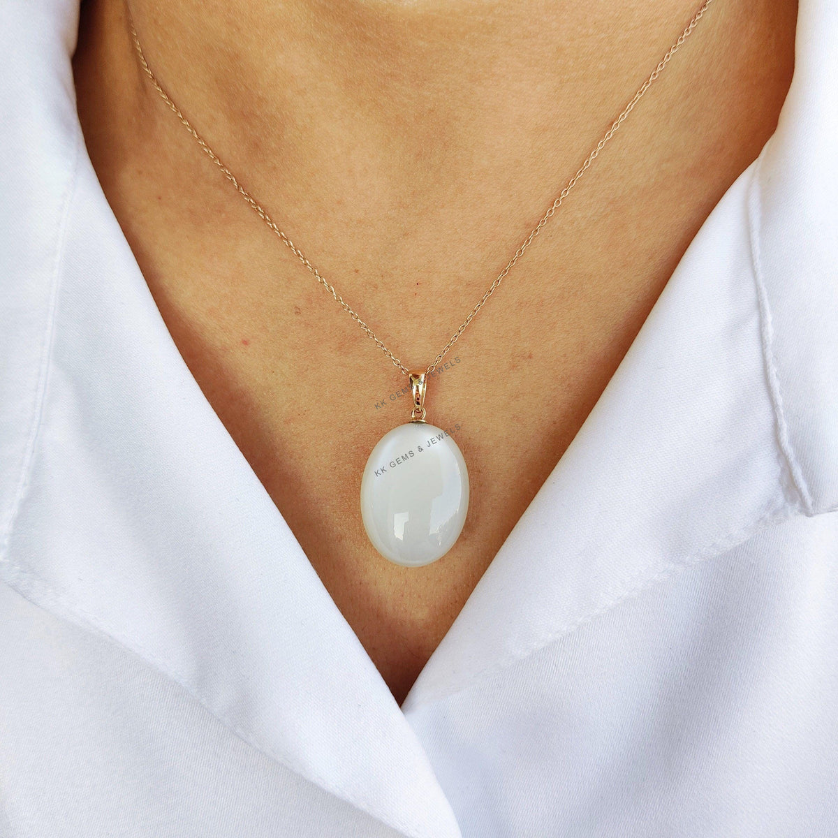 14K Solid Yellow Gold Natural White Moonstone Pendant, June Birthstone, Christmas Present