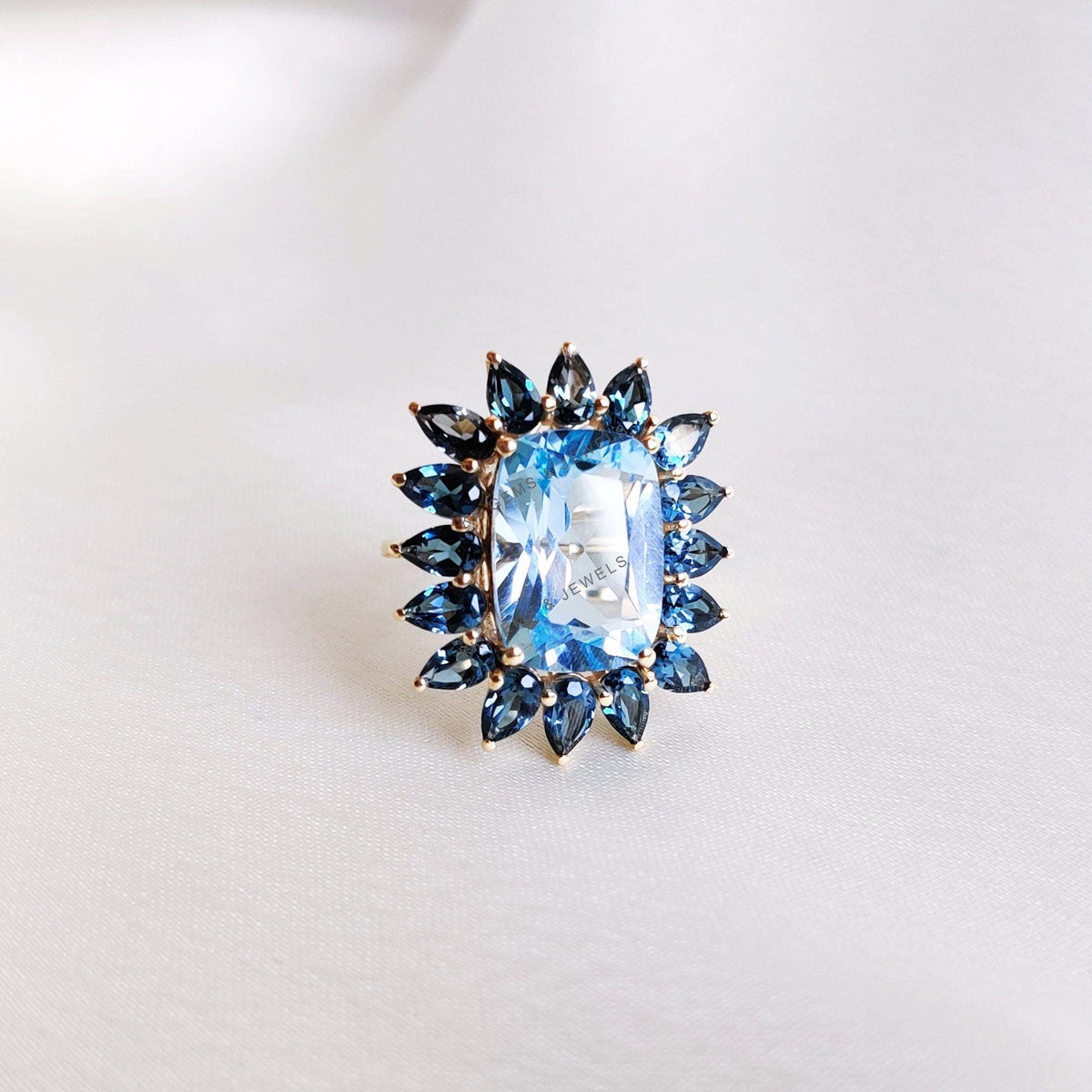 Natural Sky Blue & London Blue Topaz Statement Ring, 14K Solid Yellow Gold, December Birthstone