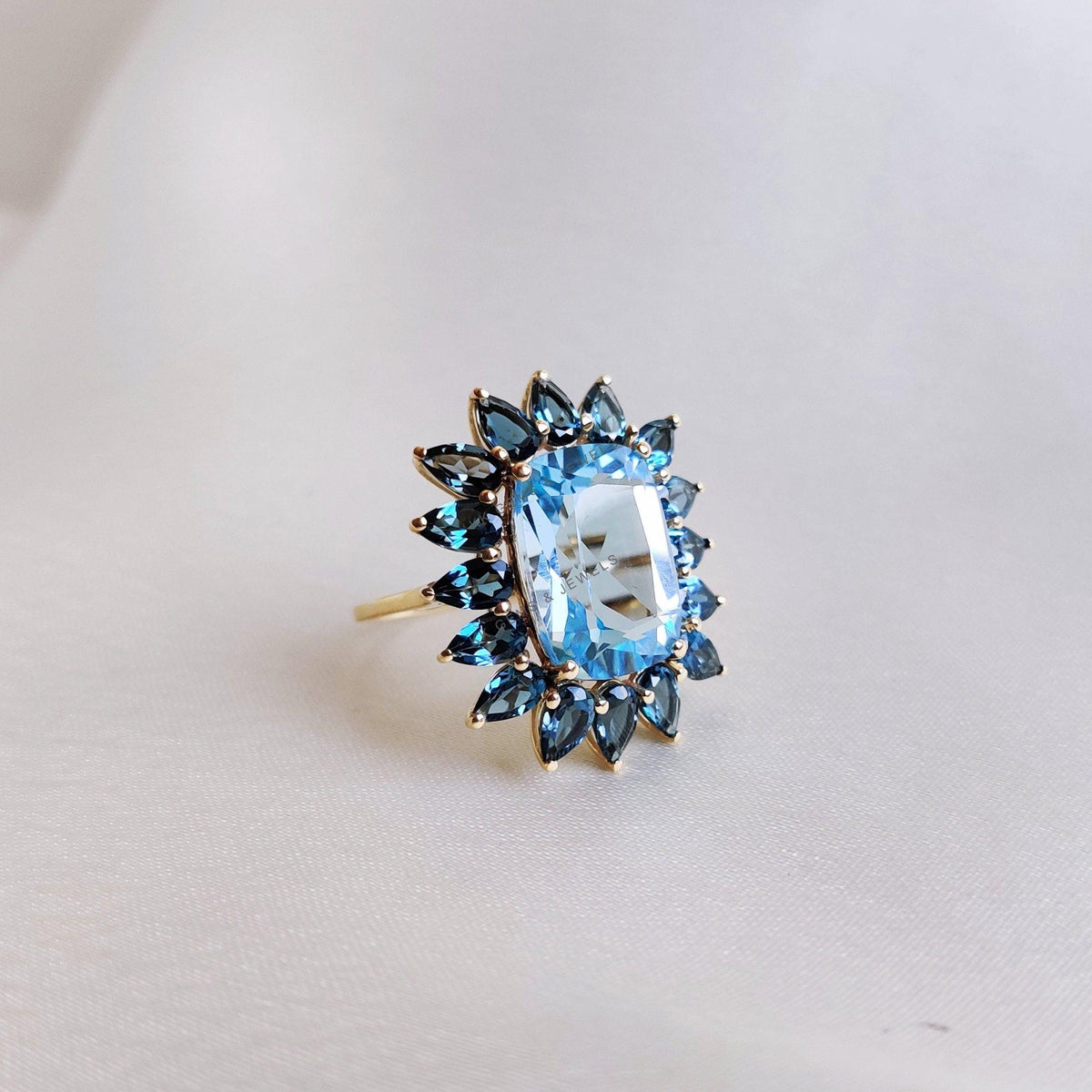 Natural Sky Blue & London Blue Topaz Statement Ring, 14K Solid Yellow Gold, December Birthstone