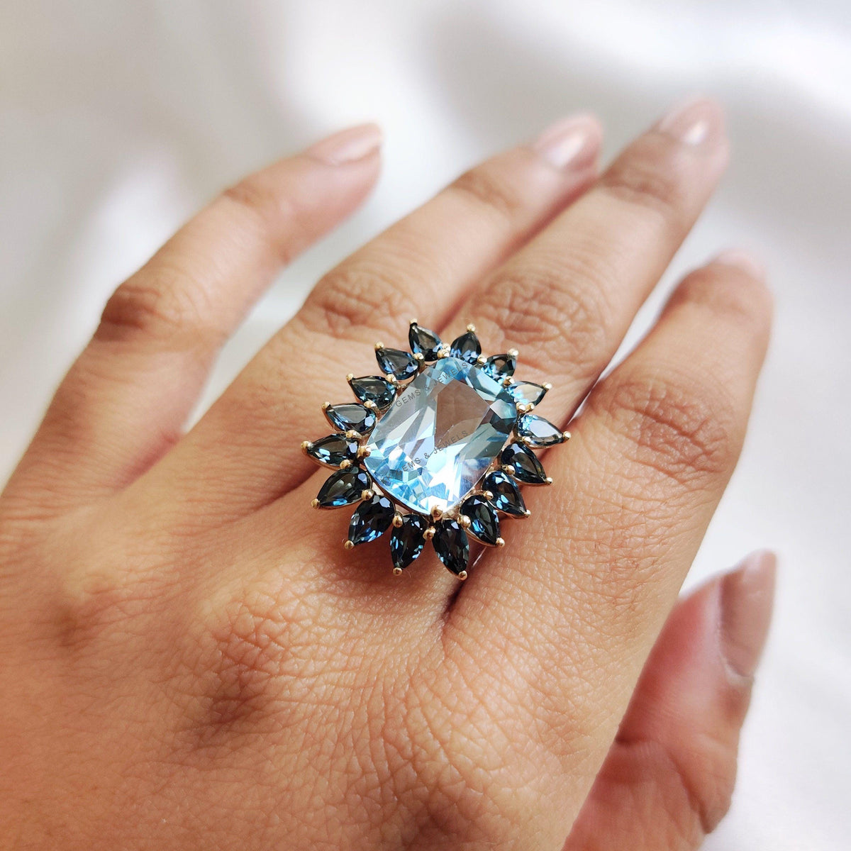Natural Sky Blue & London Blue Topaz Statement Ring, 14K Solid Yellow Gold, December Birthstone