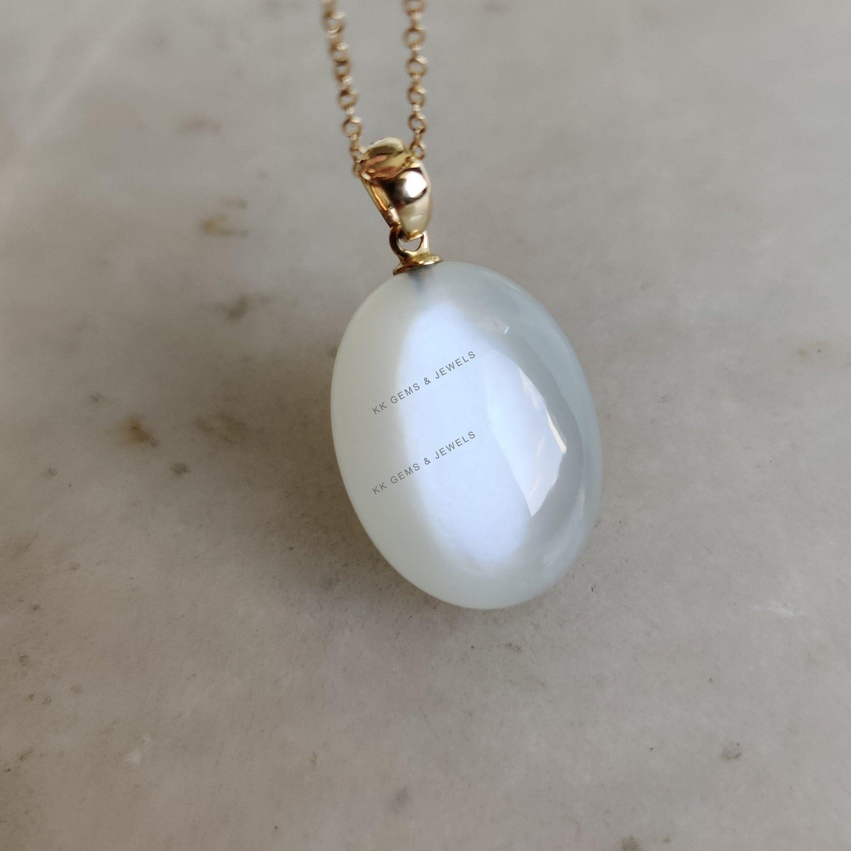 14K Solid Yellow Gold Natural White Moonstone Pendant: June Birthstone Jewelry, Christmas Present