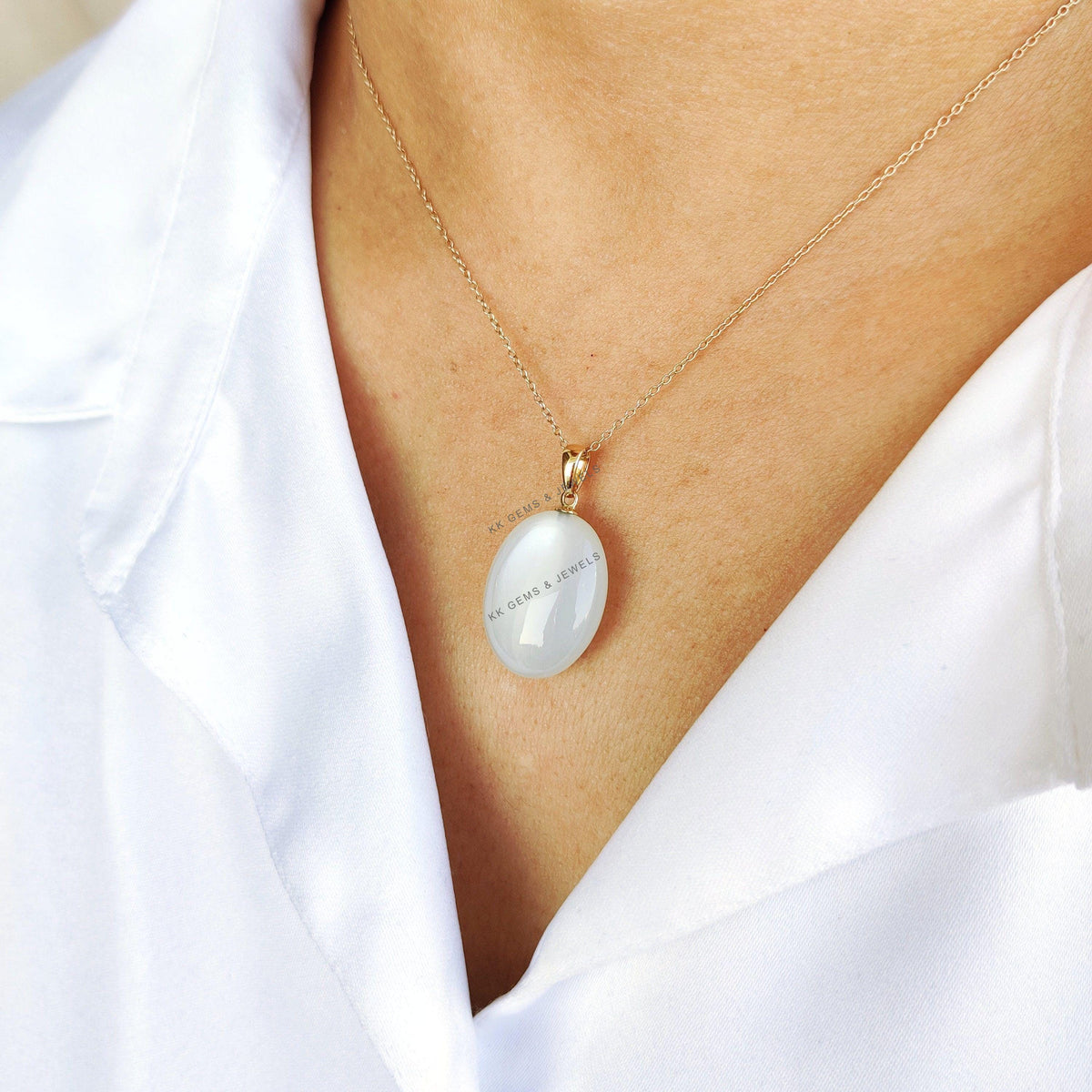 14K Solid Yellow Gold Natural White Moonstone Pendant: June Birthstone Jewelry, Christmas Present