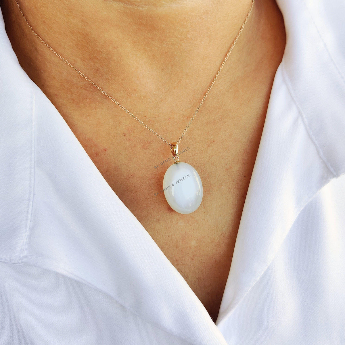 14K Solid Yellow Gold Natural White Moonstone Pendant: June Birthstone Jewelry, Christmas Present