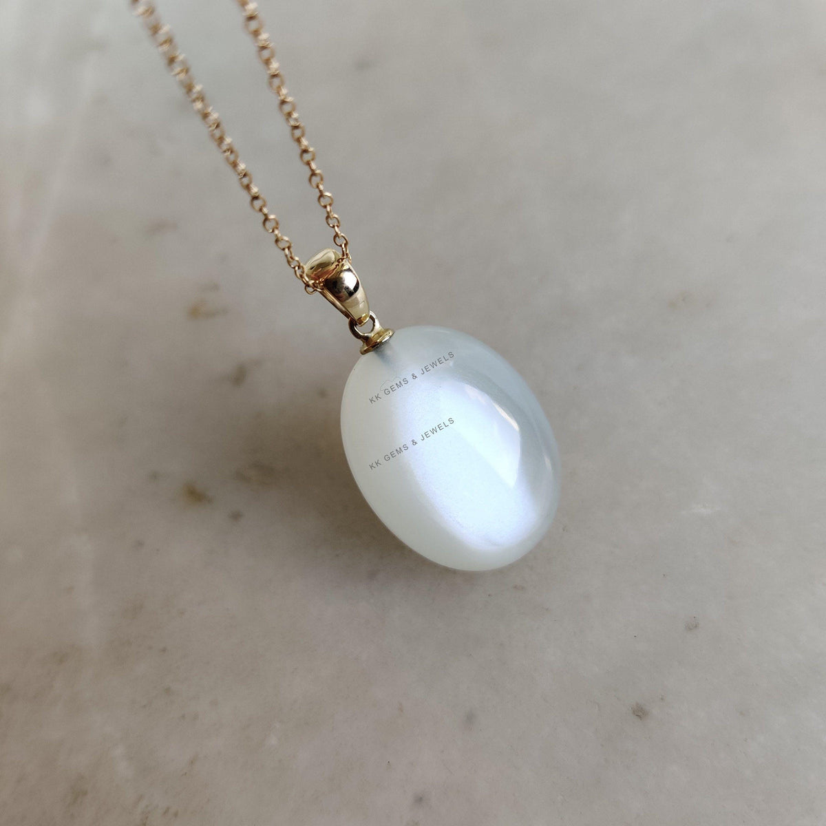 14K Solid Yellow Gold Natural White Moonstone Pendant: June Birthstone Jewelry, Christmas Present