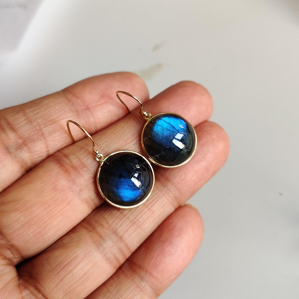 14K Solid Yellow Gold Natural Labradorite Earrings, Round Cabochon, August Birthstone