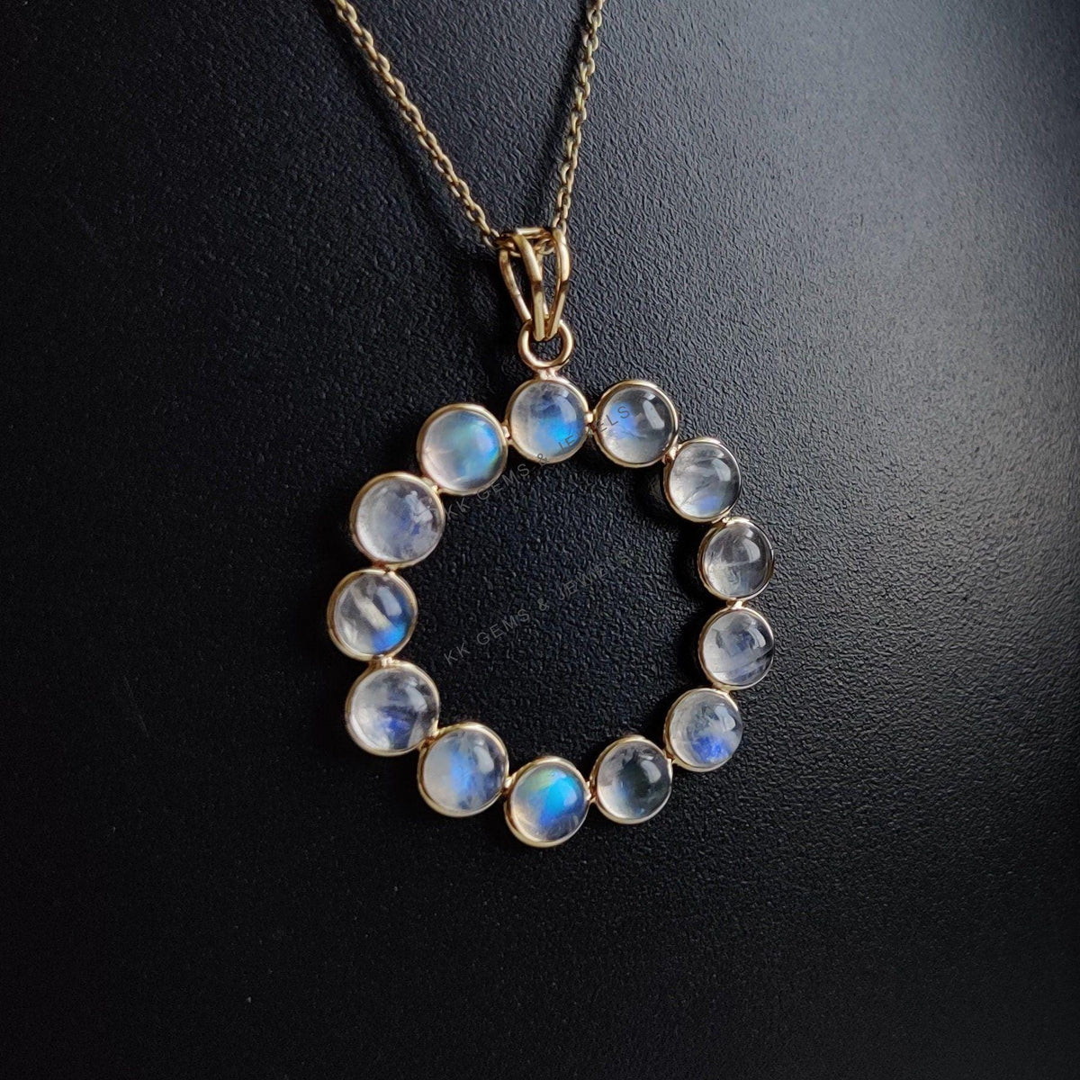 Natural Rainbow Moonstone Pendant, 14K Solid Yellow Gold, June Birthstone
