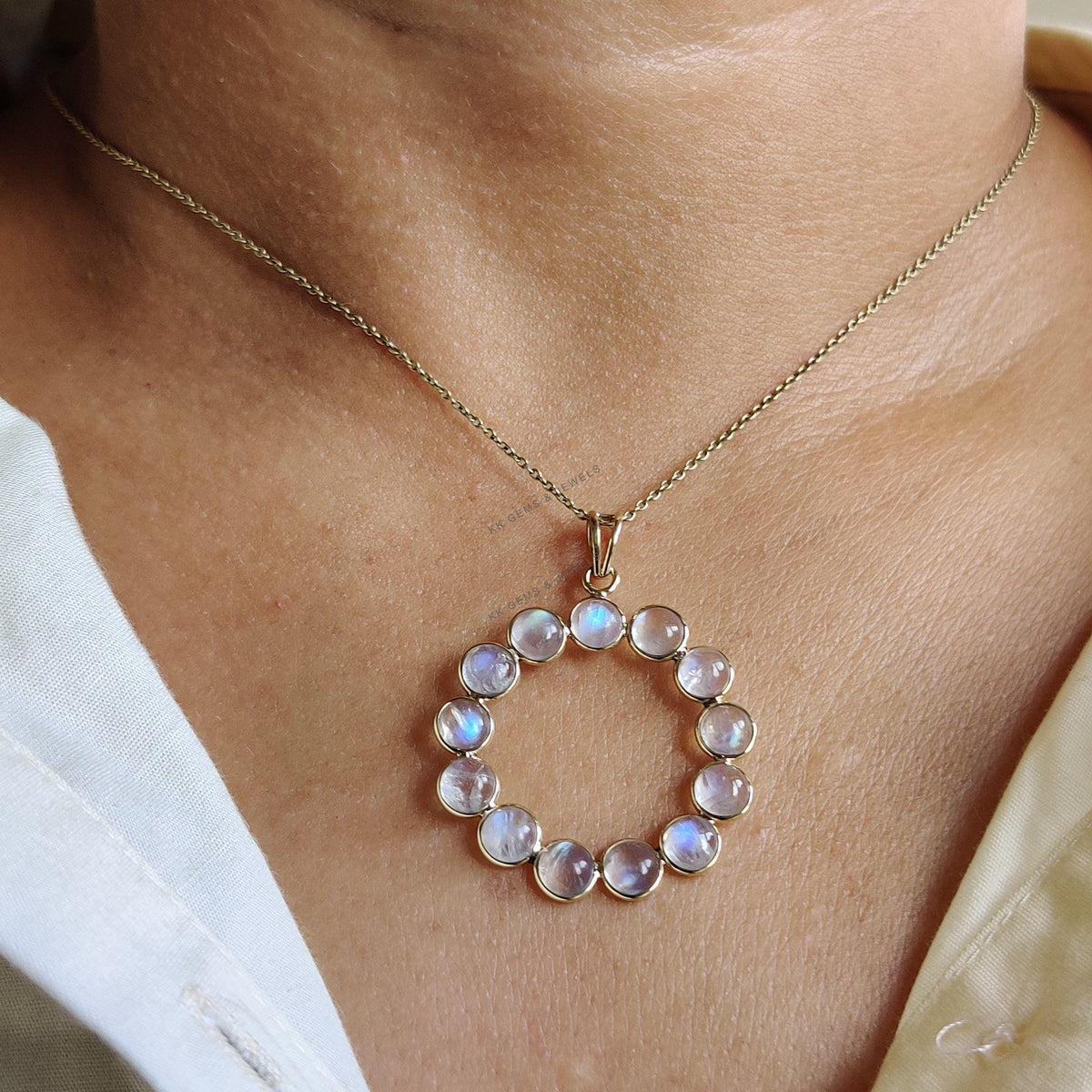 Natural Rainbow Moonstone Pendant, 14K Solid Yellow Gold, June Birthstone