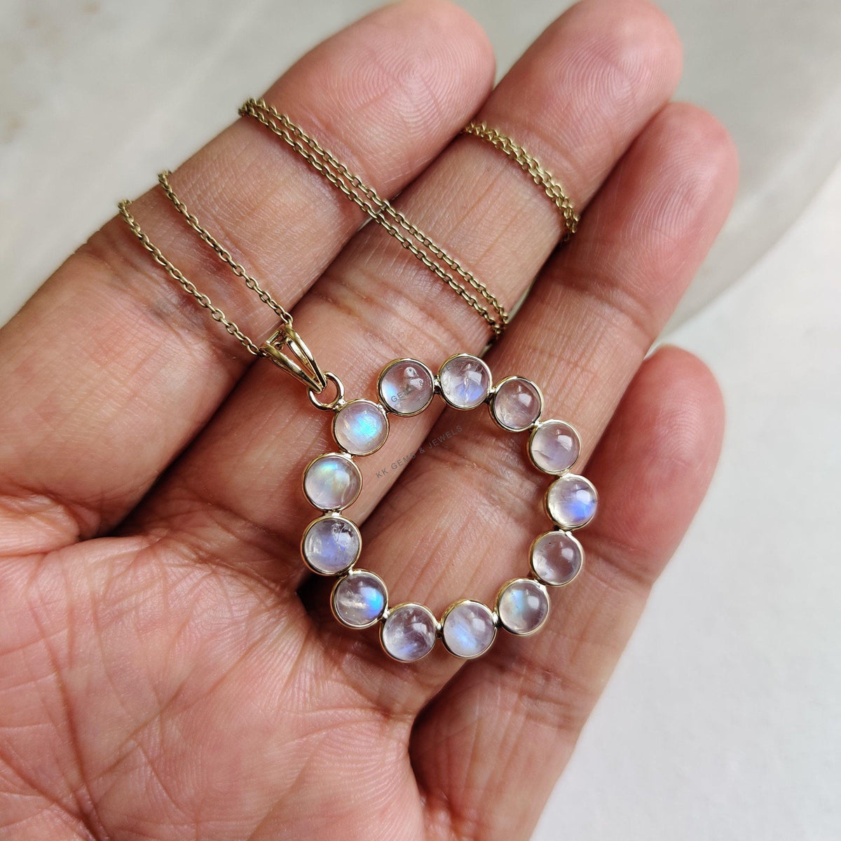 Natural Rainbow Moonstone Pendant, 14K Solid Yellow Gold, June Birthstone