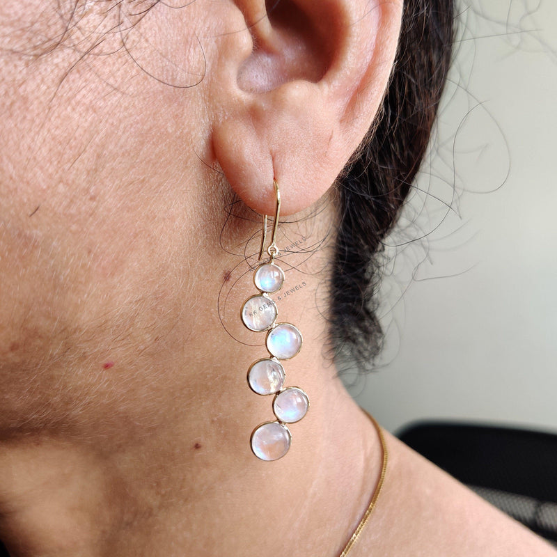 14K Solid Yellow Gold Natural Rainbow Moonstone Bezel Earrings, June Birthstone