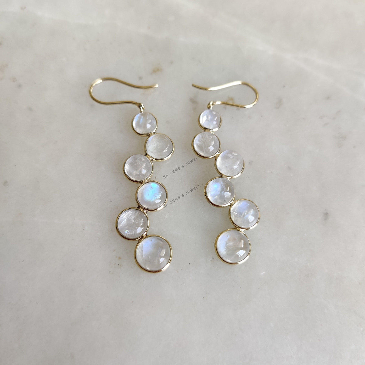 14K Solid Yellow Gold Natural Rainbow Moonstone Bezel Earrings, June Birthstone
