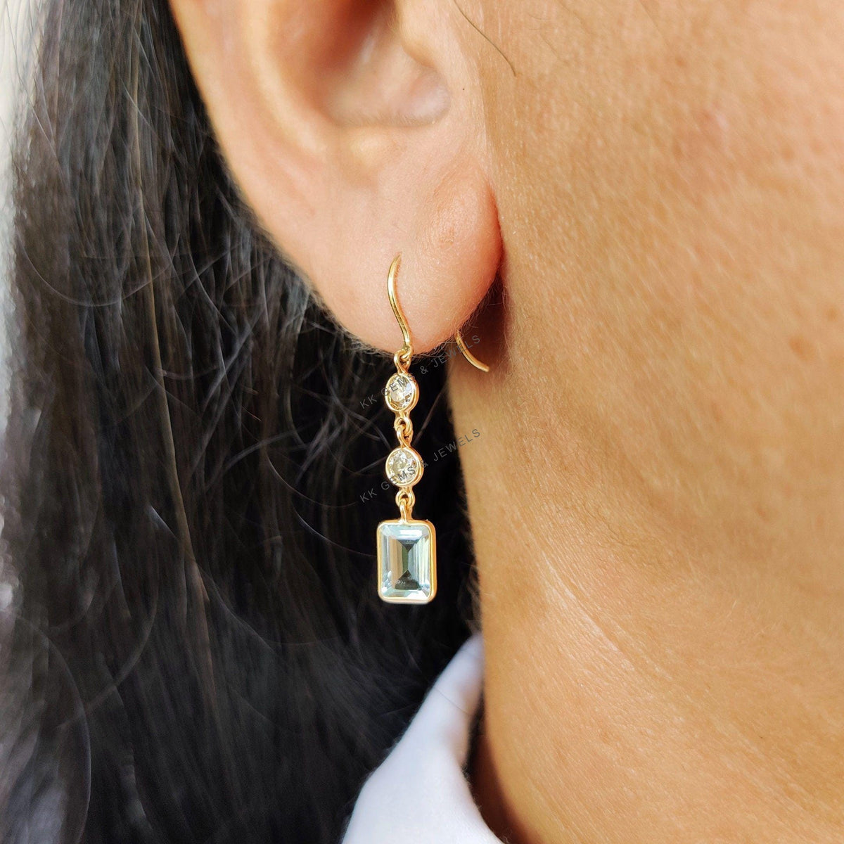 Natural Aquamarine & Diamond Dangle Earrings, 14K Solid Gold, March Birthstone