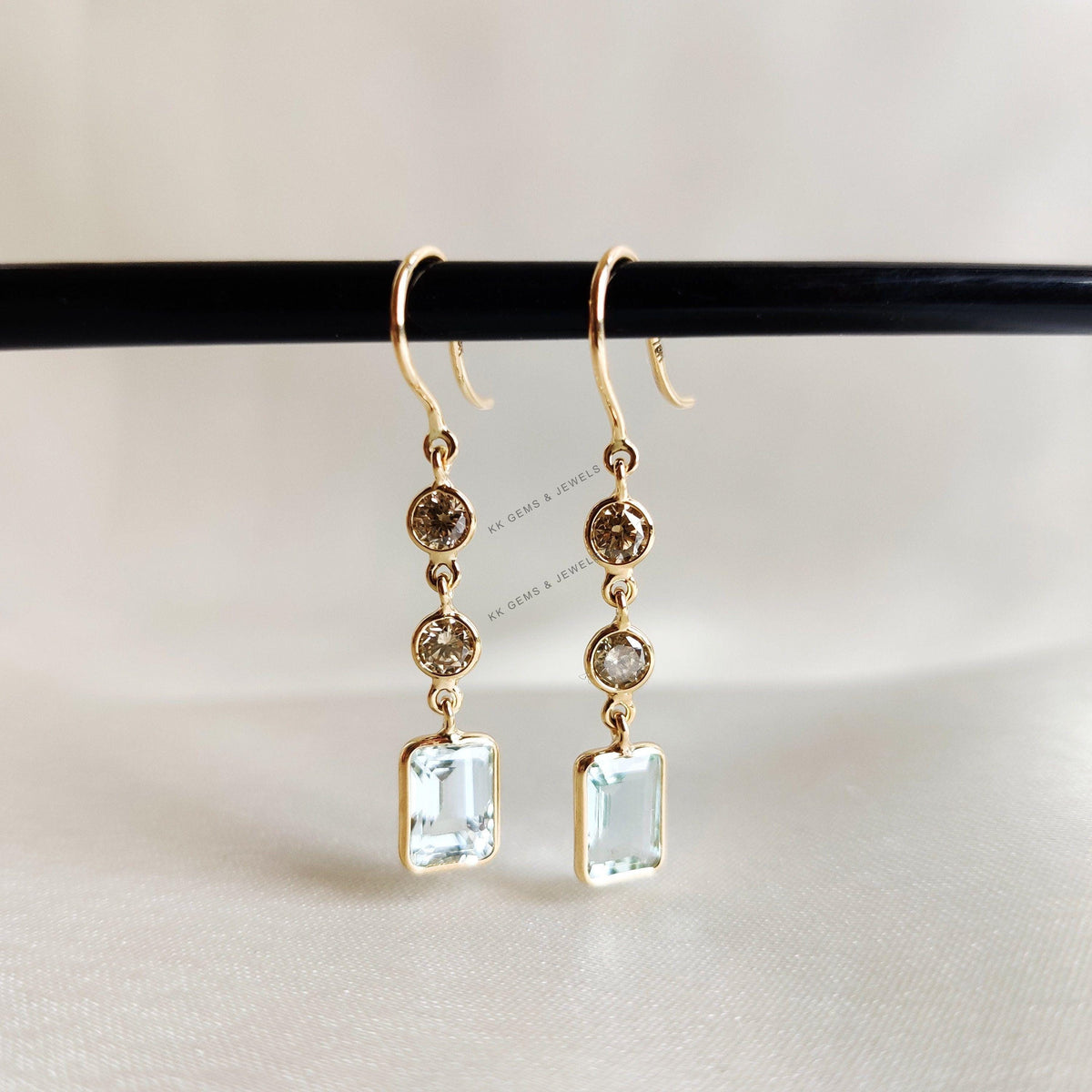 Natural Aquamarine & Diamond Dangle Earrings, 14K Solid Gold, March Birthstone