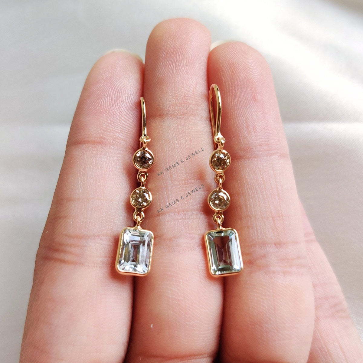 Natural Aquamarine & Diamond Dangle Earrings, 14K Solid Gold, March Birthstone
