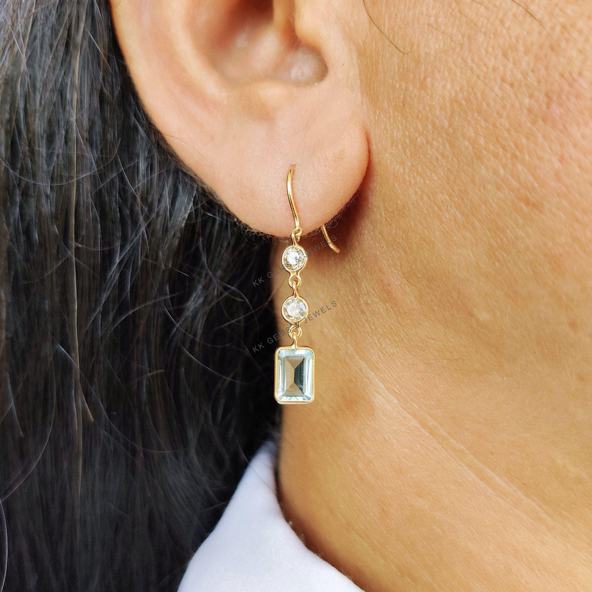 Natural Aquamarine & Diamond Dangle Earrings, 14K Solid Gold, March Birthstone