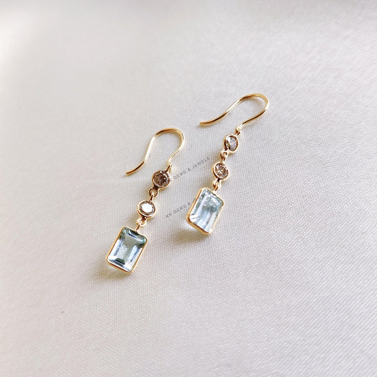 Natural Aquamarine & Diamond Dangle Earrings, 14K Solid Gold, March Birthstone