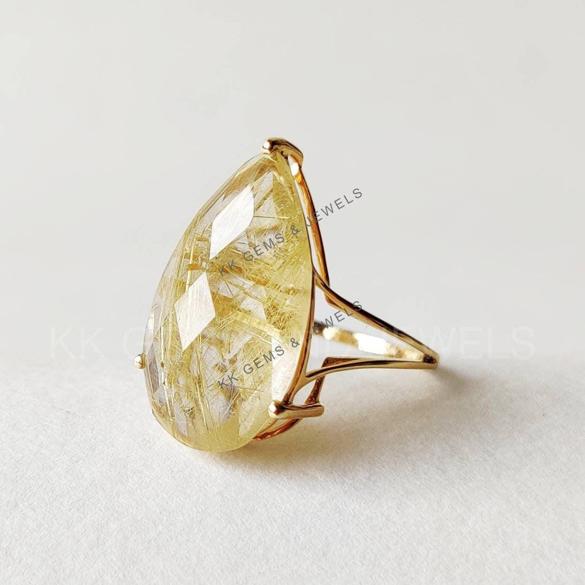 Pear Natural Golden Rutile 14K Solid Yellow Gold Ring, Golden Rutile Jewelry