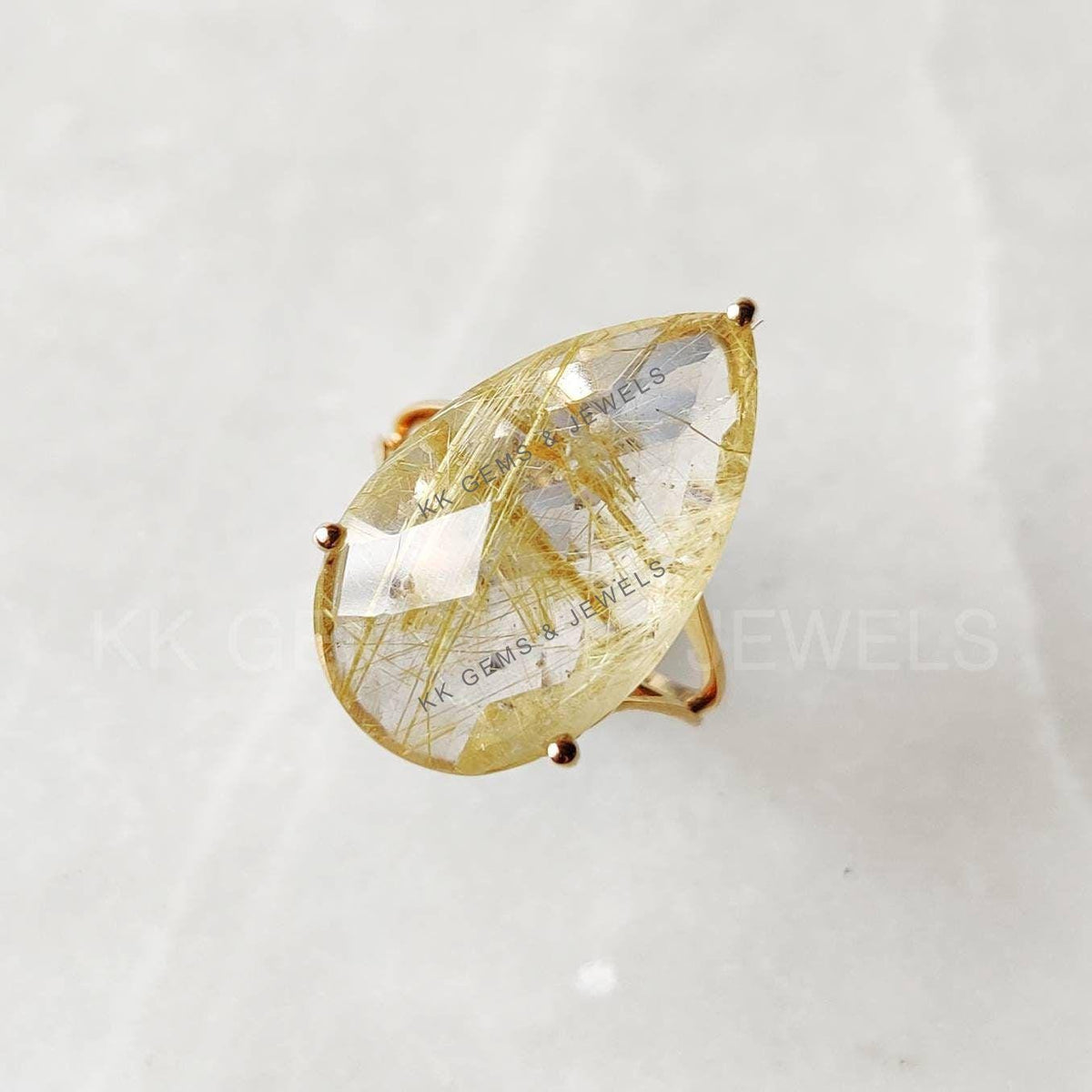 Pear Natural Golden Rutile 14K Solid Yellow Gold Ring, Golden Rutile Jewelry