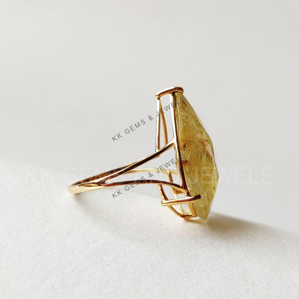 Pear Natural Golden Rutile 14K Solid Yellow Gold Ring, Golden Rutile Jewelry