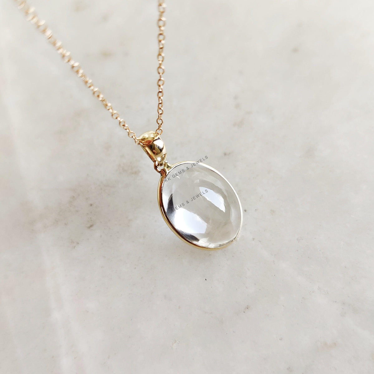 14K Solid Yellow Gold Natural Clear Quartz Bezel Pendant, April Birthstone
