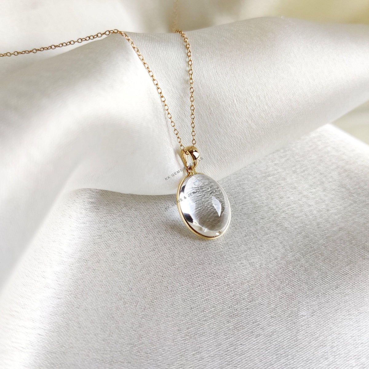 14K Solid Yellow Gold Natural Clear Quartz Bezel Pendant, April Birthstone